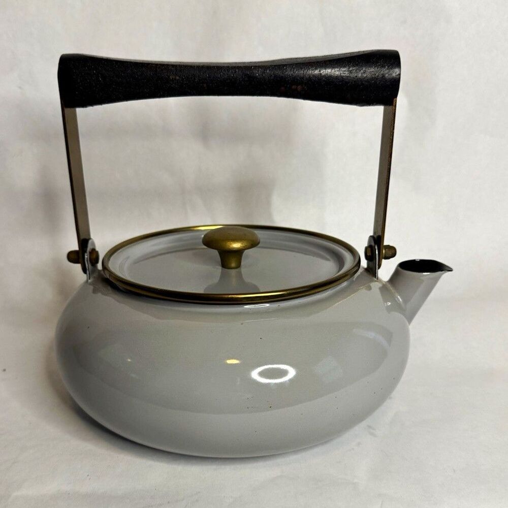 Vintage 80s Minimalist Enamel Tea Kettle Grey Brass Wood Handle MCM Japan Style